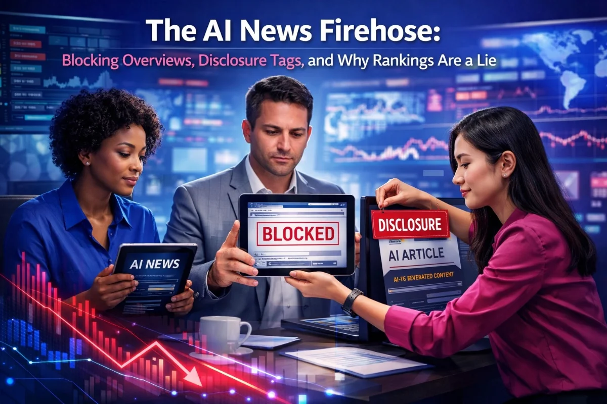 Three professionals discussing AI news and content visibility, with one holding a tablet displaying "AI NEWS," another showing "BLOCKED," and a third applying a "DISCLOSURE" label on a screen, amidst a backdrop of data charts and graphs.