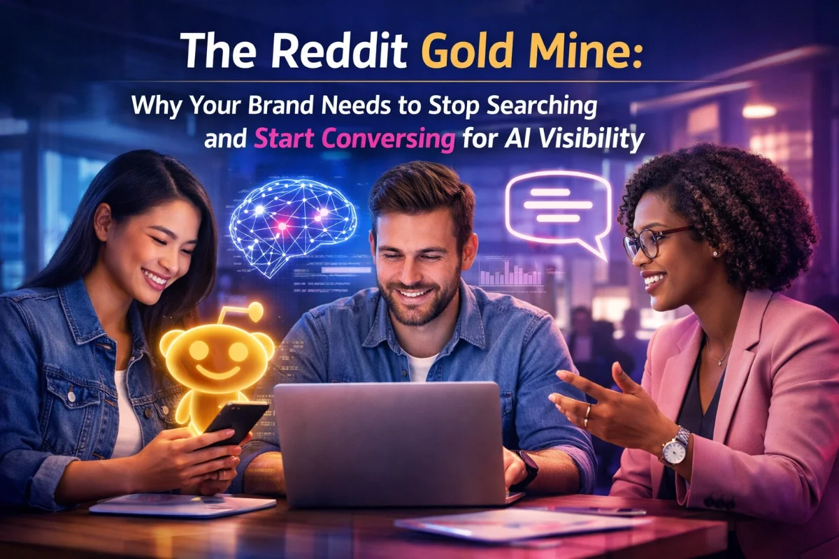 Group of diverse professionals engaging in conversation about AI visibility, featuring animated Reddit mascot and digital brain graphics, with a focus on collaborative strategies for business growth.