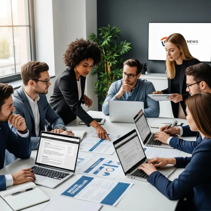 Business meeting with diverse professionals discussing digital marketing strategies, laptops open with documents on AI visibility and SEO, collaborative environment in modern office setting.
